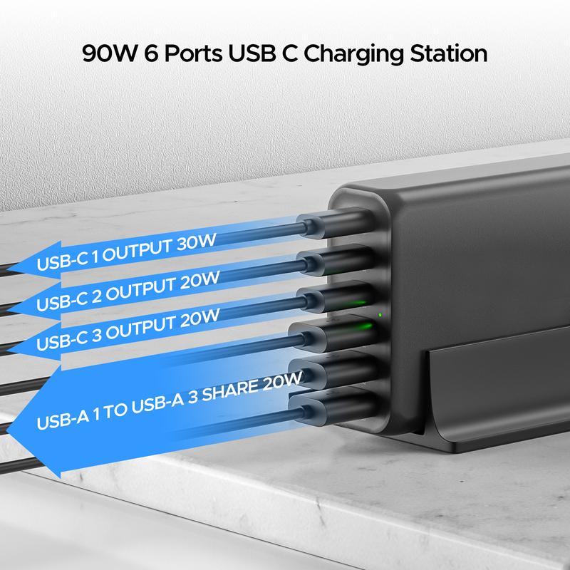 USB Charger, 6-Ports Fast Charging Power Adapter, Multi Ports Quick Charge Station for Home Office Travel Devices Portable