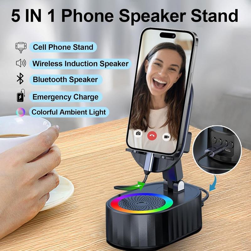 5in1 Phone Holder Emergency Rechargeable (3000mAh),Wireless Induction Audio Bluetooth Speaker  with Colorful Ambient Light 300° Foldable for Tablet iPhone Android, Gifts for Men Women (Black)