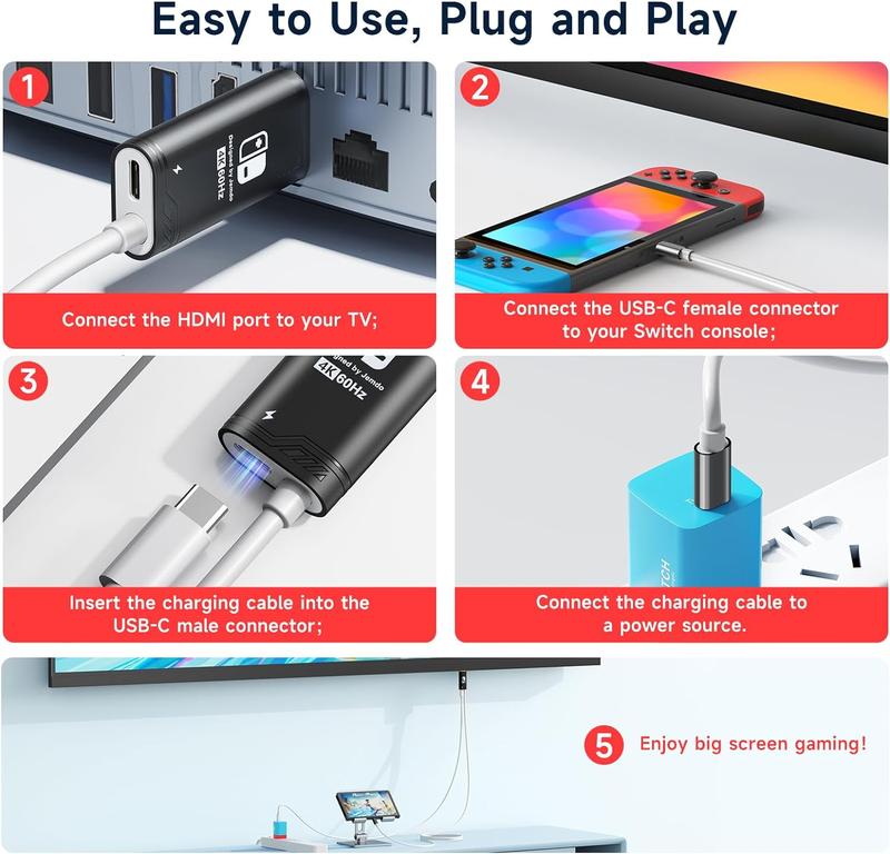 Jemdo Switch screen casting cable, HDMI to Type-C, for connecting Switch of mobile phone to TV with 4K high-definition screen casting Portable Port Usb Chargeable