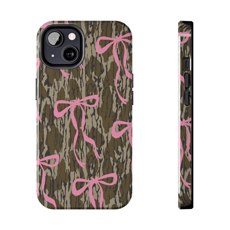 Camo Tough Case for iPhone, Mossy Oak Cute Pink Ribbon Bottomland Phone Case iPhone 16 15Pro, 14, 13, 12, 11, 8, XR Mini, Pro Max, Plus Accessories Protection Aesthetic Shockproof