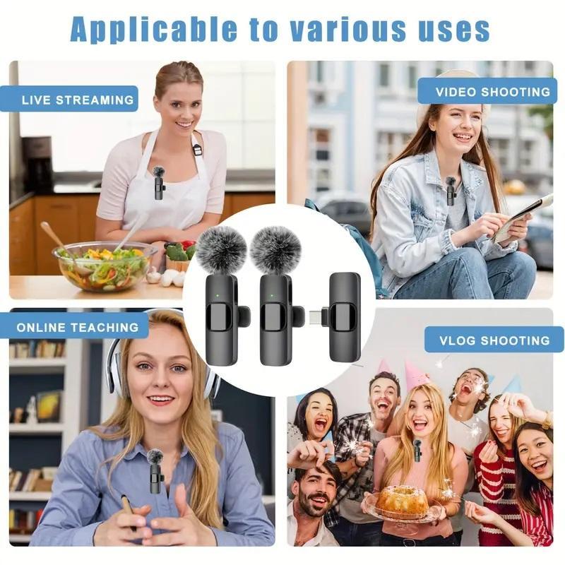 Wireless Lavalier Microphone, USB Rechargeable Plug-play Wireless Microphone, Omnidirectional Condenser Recording Microphone for iPhone Android