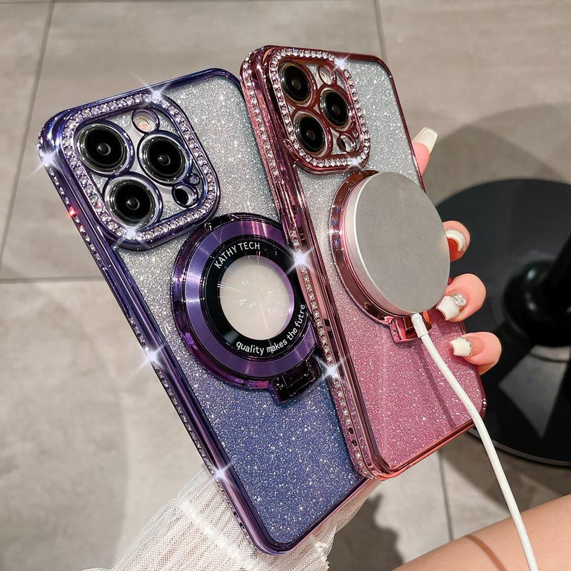 Luxury Bling Diamond Rhinestone Shockproof Magnetic Phone Case with Foldable Holder for iPhone | Sparkly Silicone Aesthetic Cellphone Protective Cover