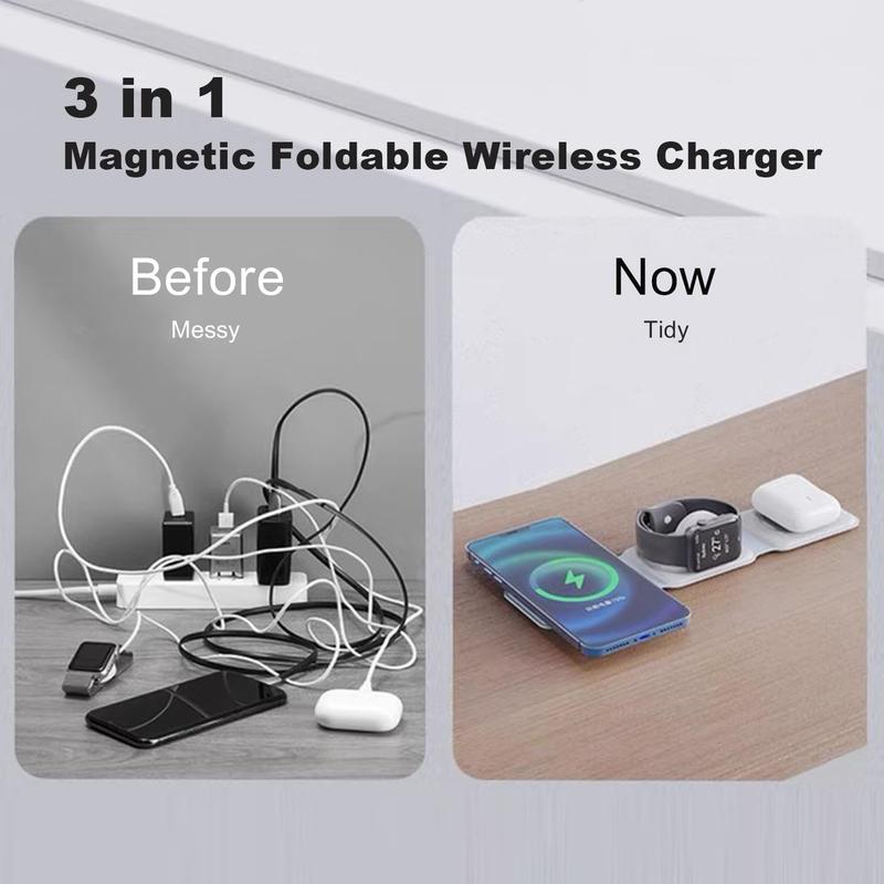 3-in-1 Magnetic Wireless Charger for iPhone 15 14 13 12 11 Pro Max Mini and IWatch 7 6 5, Foldable Fast Charging Station