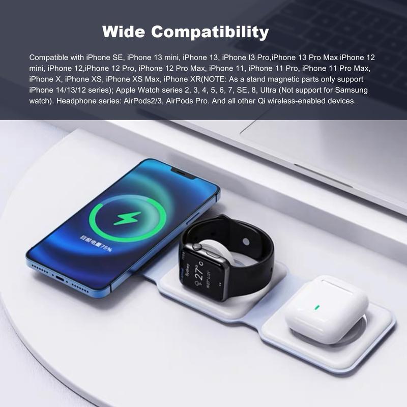 3-in-1 Magnetic Wireless Charger for iPhone 15 14 13 12 11 Pro Max Mini and IWatch 7 6 5, Foldable Fast Charging Station