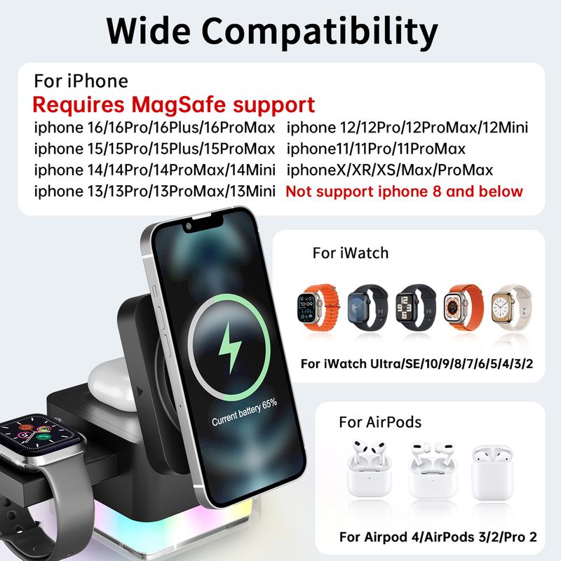 3 in 1 Cube Wireless Charger  , Foldable Charger Stand, 15W Fast Wireless Charging Station for iPhone 16 15 14 13 12 Pro Pro Max Mini Plus Series, Apple Watch, AirPods Pro (Black) Cellphone Smartphone Electronic Cellphone Smartphone