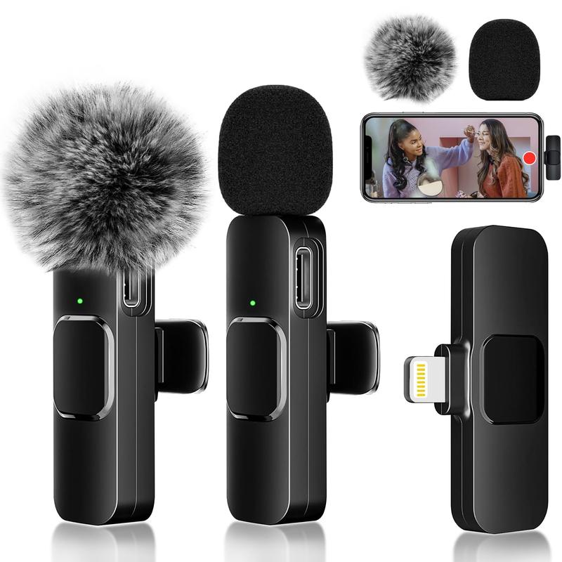 2 pieces Wireless Lavalier Microphones for iPhone, Android, iPad - Mini Wireless Clip-on Microphones Crystal Clear Sound Quality for Recording, Live Streaming,Vlog,tiktok shop