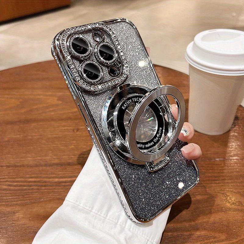 Luxury Bling Diamond Rhinestone Shockproof Magnetic Phone Case with Foldable Holder for iPhone | Sparkly Silicone Aesthetic Cellphone Protective Cover