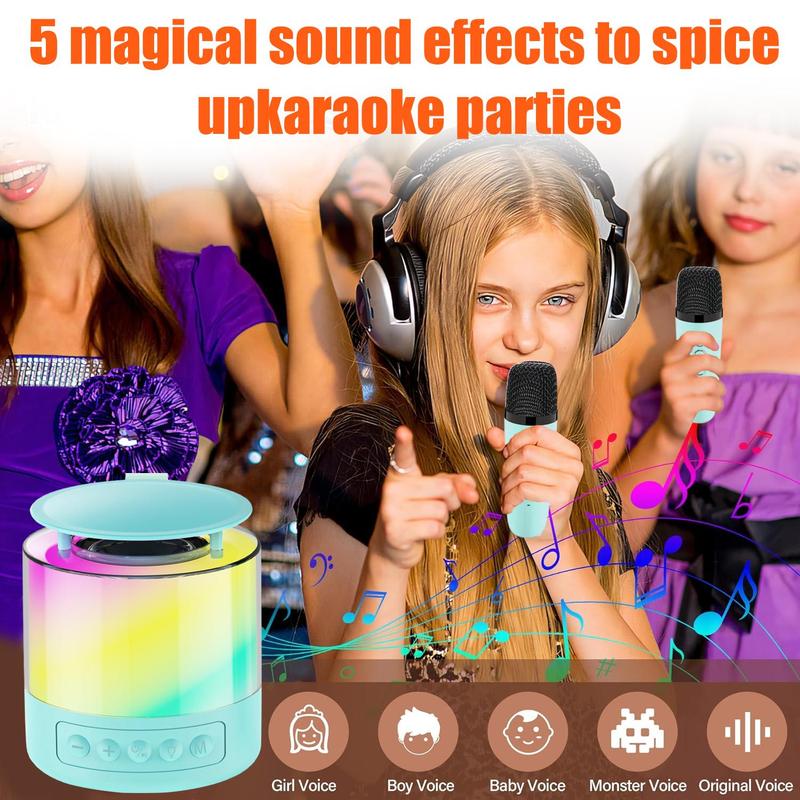 Portable Karaoke Machine with 2 Wireless Microphones, Mini Speaker with LED Light Modes, Birthday Gift for Girls & Boys