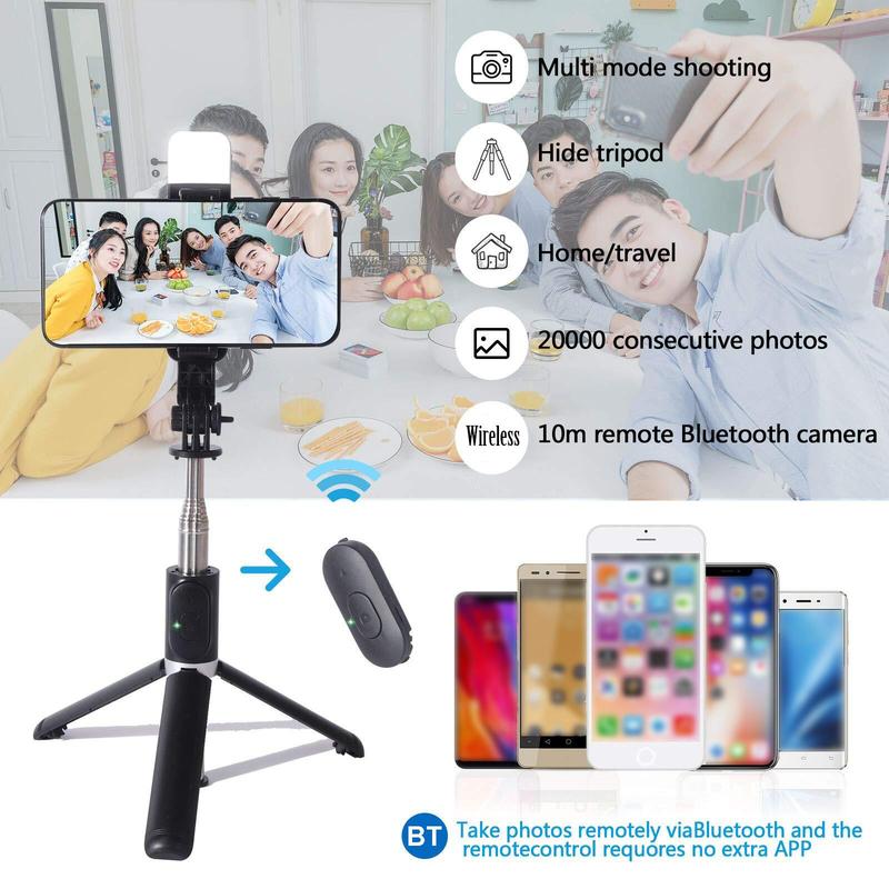 Portable Selfie Stick Phone Tripod, Rechargeable Selfie Fill Light, Multifunctional Professional Travel Tripod with Remote Control, Compatible with Android iPhone