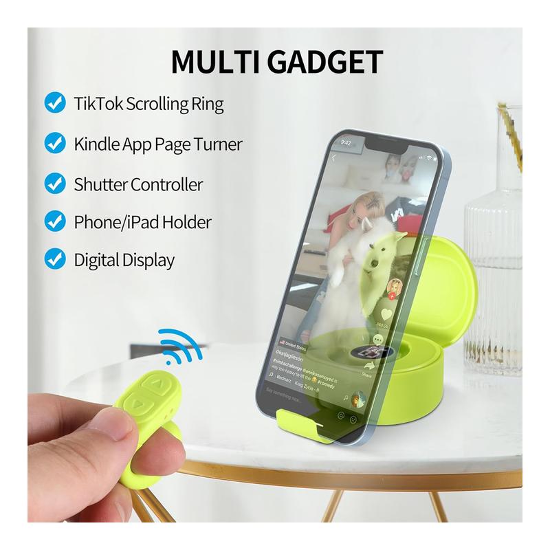 Upgraded Bluetooth Scrolling Ring for TikTok, Remote Control with Stand & Camera Shutter, Compatible with iPhone, iPad, iOS, and Android Devices