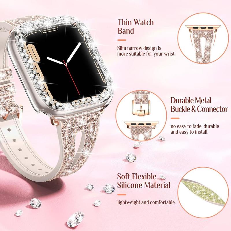 Women's Fashionable Watch Band & Rhinestone Decor Watch Case (2 Counts), 1 Watch Band & 1 Watch Case Set, Wearable Accessories Compatible With Apple Watch Case 38 40 41 42 44 45mm