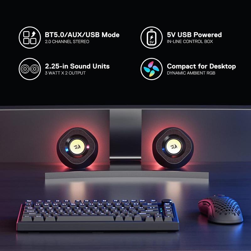 Redragon GS590 Wireless RGB Desktop Speakers, 2.0 PC Computer Stereo Speaker w BT 5.0 AUX USB Mode, Compact Size, Back Ambient RGB Backlight and Easy-access in-line Control Box, USB Powered