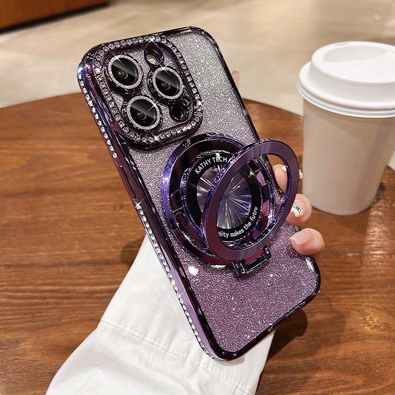 Luxury Bling Diamond Rhinestone Shockproof Magnetic Phone Case with Foldable Holder for iPhone | Sparkly Silicone Aesthetic Cellphone Protective Cover