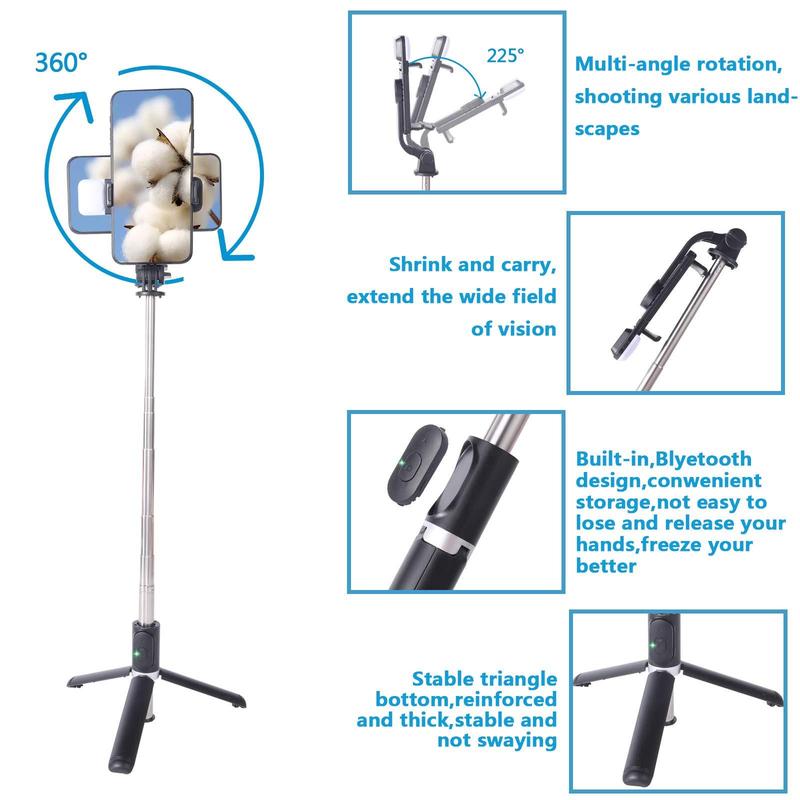 Portable Selfie Stick Phone Tripod, Rechargeable Selfie Fill Light, Multifunctional Professional Travel Tripod with Remote Control, Compatible with Android iPhone