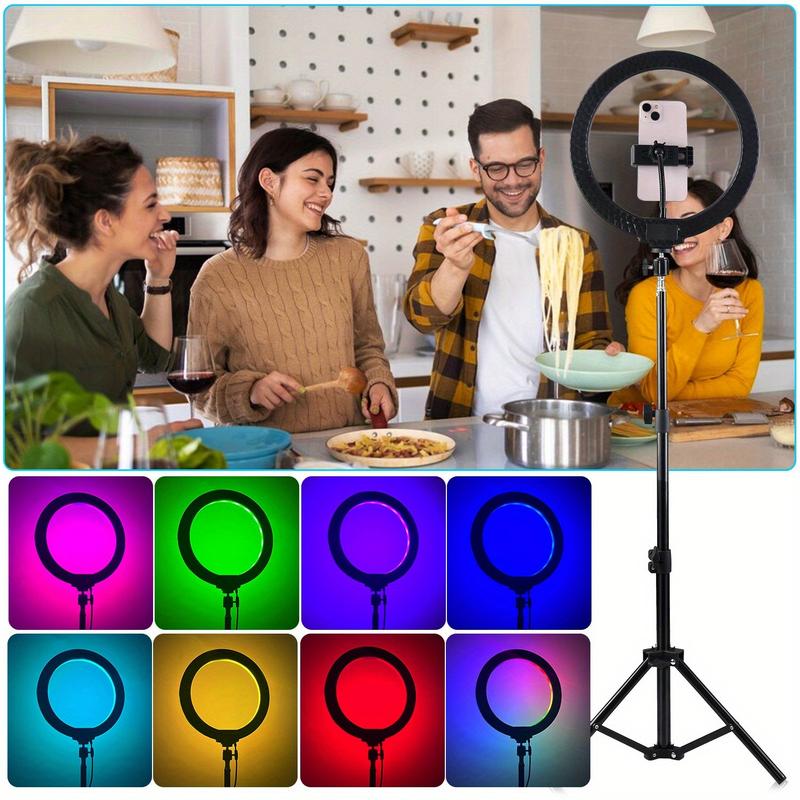 Professional 10 inch RGB ring light with 1.1m retractable stand for live streaming, food photography, reading and lighting, makeup and more