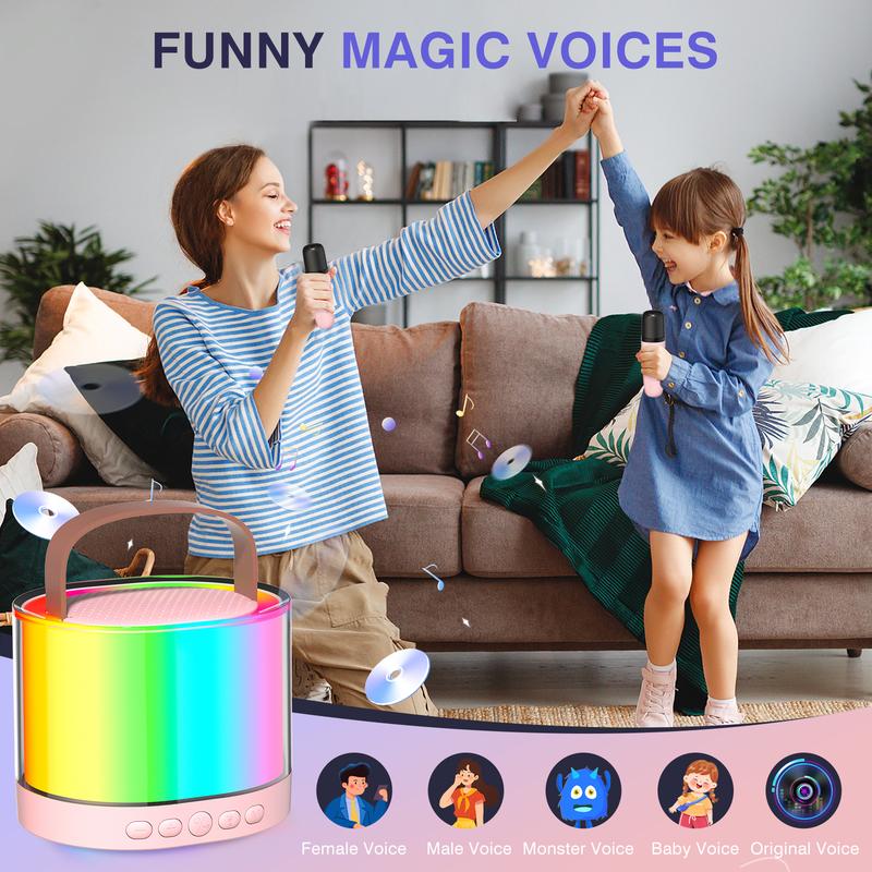 Mini Karaoke Machine K52 Upgrade for Kids Adults with 2 Wireless Mics Portable Wireless Speaker LED Lights Karaoke Gifts for girls boys Birthday Ages 4-10,12+ ,Christmas Camping Indoor Outdoor Home Party Audio Smartphone Gifts(Pink)