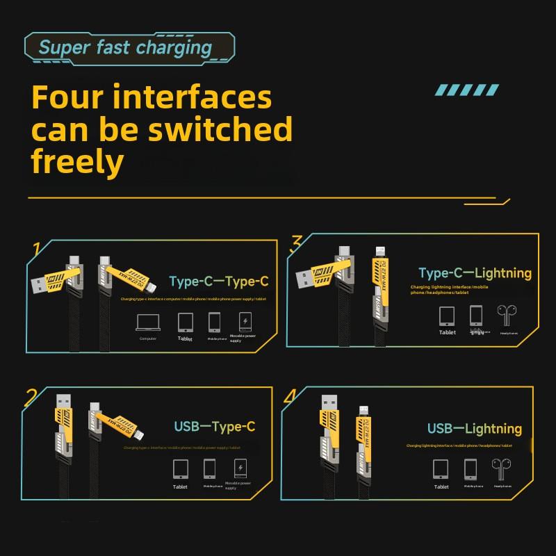 4-in-1 USB Charging Cable, 5FT fast charging MAX 100W USB A+ TYPE C + Lightning Multi functional aluminum alloy 100W suitable for iPhone 15 14 Samsung Galaxy, Android Phones & Tablets iPad Pro