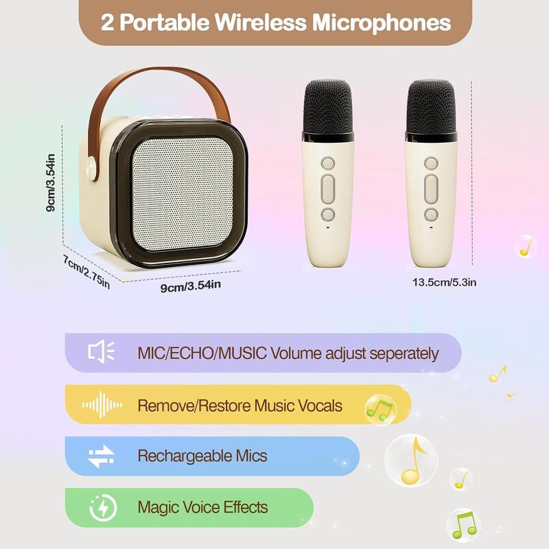 Mini Bluetooth karaoke machine with microphone sound system, portable karaoke machine with 2 wireless microphones, birthday gifts for girls and children aged 4-12, family gatherings