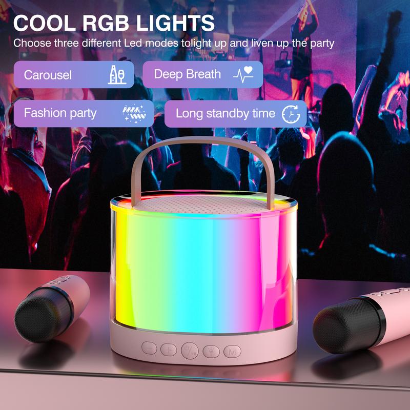 Mini Karaoke Machine K52 Upgrade for Kids Adults with 2 Wireless Mics Portable Wireless Speaker LED Lights Karaoke Gifts for girls boys Birthday Ages 4-10,12+ ,Christmas Camping Indoor Outdoor Home Party Audio Smartphone Gifts(Pink)