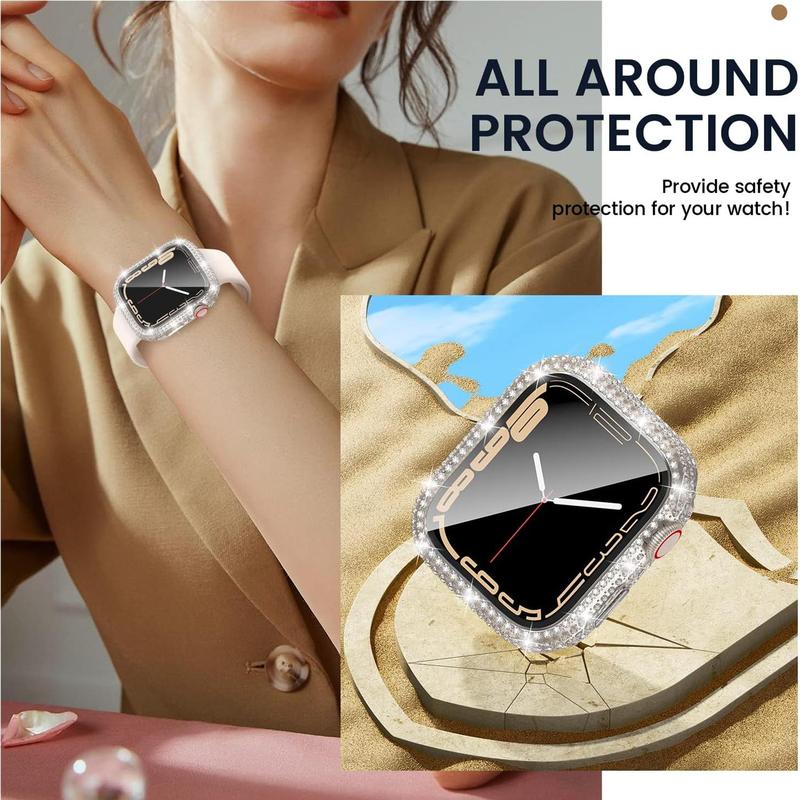 Rhinestone Decor Smart Watch Case, 1 Count Waterproof Smartwatch Case with Tempered Glass Film, Smartwatches Accessories, Fashionable Watch Protector Case Compatible with Apple Watch Series Ultra2 Ultra SE 9 8 7 6 5 4 Smart Watches