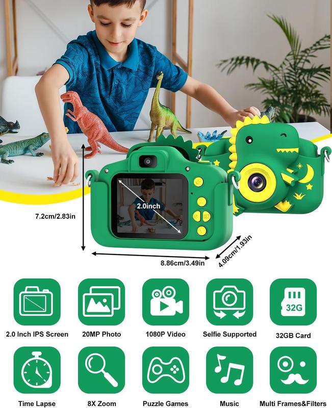 Kids Camera, Dinosaur Toddler Digital Camera for Ages 3-12 Boys Girls Childrens, Christmas Birthday Gifts, Selfie 1080P HD Video Camera for 3 4 5 6 7 8 9 Years Old Boys Girls Toys Gifts Rechargeable Card