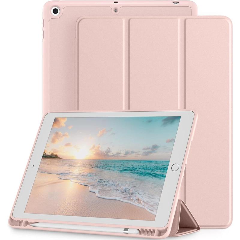 Case Compatible with iPad 9th 8th 7th Generation Case, for iPad 10.2 Inch Case with Pencil Holder, TPU Smart Stand Back Case Cover for iPad Case 2021 2020 2019, Auto Wake Sleep, Rose Pink