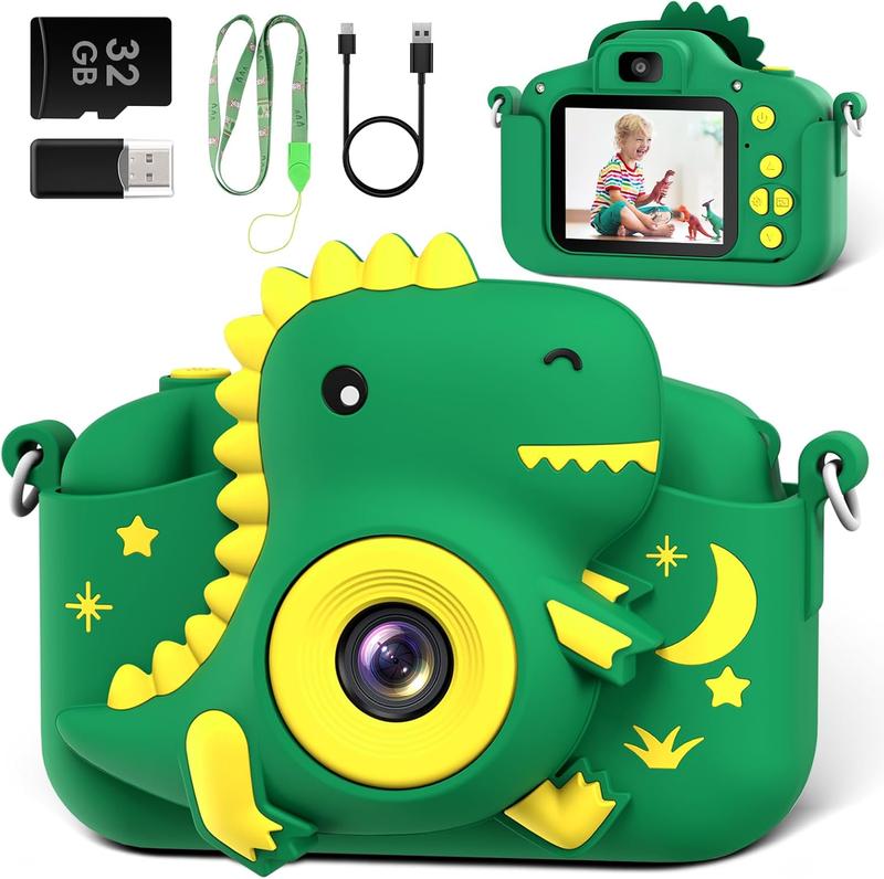 Kids Camera, Dinosaur Toddler Digital Camera for Ages 3-12 Boys Girls Childrens, Christmas Birthday Gifts, Selfie 1080P HD Video Camera for 3 4 5 6 7 8 9 Years Old Boys Girls Toys Gifts Rechargeable Card