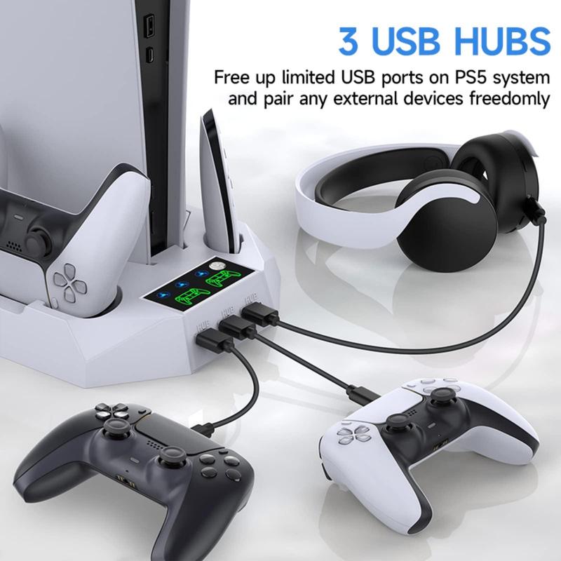 Stand & Cooling Station with Dual Controller Charging Station for PS5 Controller, Controller Accessories, Multi-functional Host Gaming Bracket, Gaming Room Gadgets, Game Console Cooling Stand, Gaming Accessories, Stocking Fillers Gift