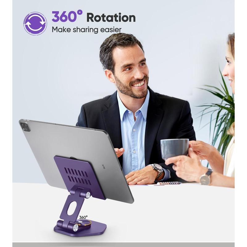 Tablet Stand Holder for Desk, Swivel iPad Stand with 360 Rotating Base, Aluminum Foldable Desktop Stand Holder Compatible with All Tablet Such as iPad Pro 12.9,11,10.5,9.7, Purple