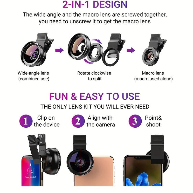 Wide Angle Phone Lens Clip, Phone Lens Kit, 0.45X Super Wide Angle & 12.5X Macro Micro Lens Kit for Smartphone, HD Camera Lens Compatible With Cellphones