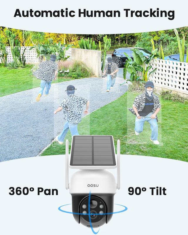 AOSU Solar Camera Security Outdoor - 100% Wire-Free Security Cameras Wireless Outdoor for Home Surveillance with Fixed Solar Panel, 360° Panoramic View, Human Auto Tracking, 2K Color Night Vision