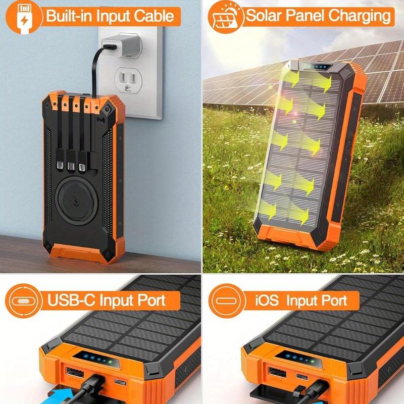 20000mAh Solar Powered Power Bank, 1 Count Wireless Charger with Built in 4 Cables, 15W Fast Charging Power Bank for All Mobile Devices