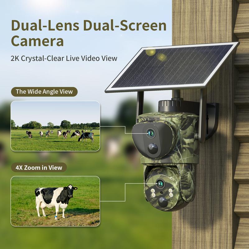 [New] Dual Lens Linkage 4G LTE Solar Powered Cellular Trail Cameras, Security Camera, NOT SUPPORT WIFI, 2K Live View&8MP Photos, with 360° Pan Tilt