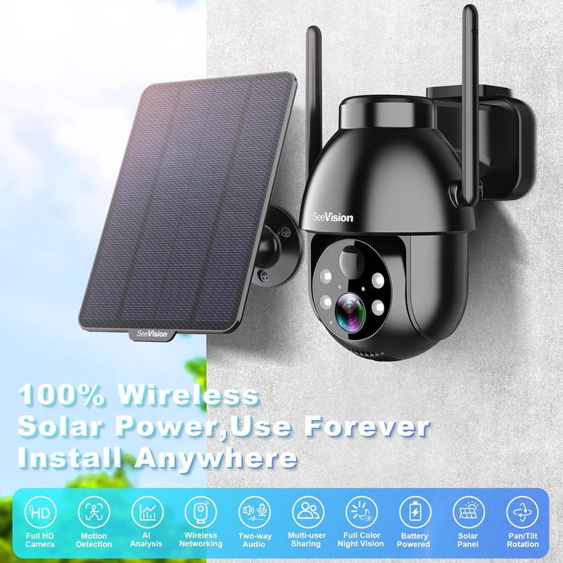 SeeVision Solar Security Camera with Spotlight, PIR Motion Detection, Color Night Vision, and Two-Way Talk