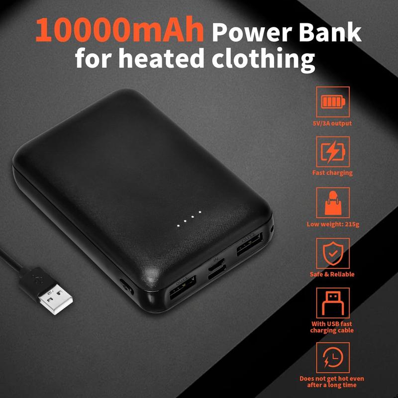 5V 3A Battery Pack for Heated Vest Heated Jacket, Rechargeable Compact 10000mAh Power Bank for Heated Clothing