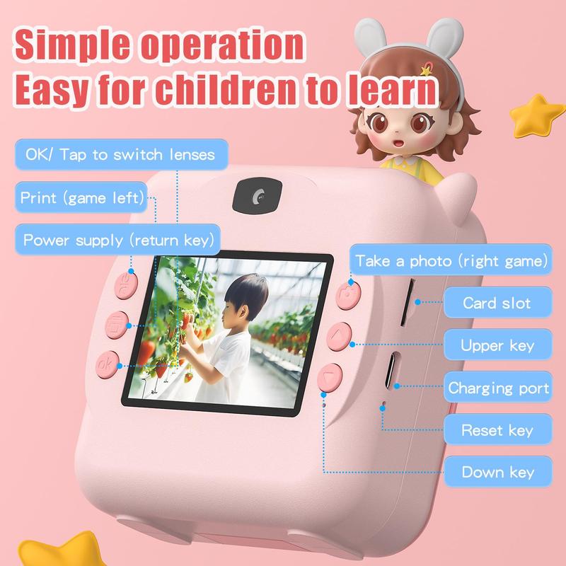 Portable Cartoon Print Digital Camera, Multifunctional Camera Toy with Front and Rear Dual Lens, Point & Shoot Camera Digital with Lanyard for Students, Boys, Girls