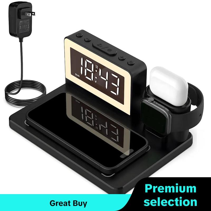 Wireless Charging Station Alarm Clock, Multifunctional Wireless Charger Stand, Compatible with Apple Samsung Wireless Charging Phone, Watch, AirPods