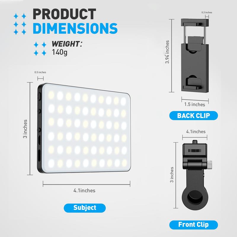 Portable Selfie Light with Front & Back Clip ,USB Rechargeable High Power 60 LED 3000mAh Phone Fill Light with CRI 95+,Adjusted 3 Light Modes for Cellphone, ipad,Camera,Laptop,Vlog,Makeup, TikTok