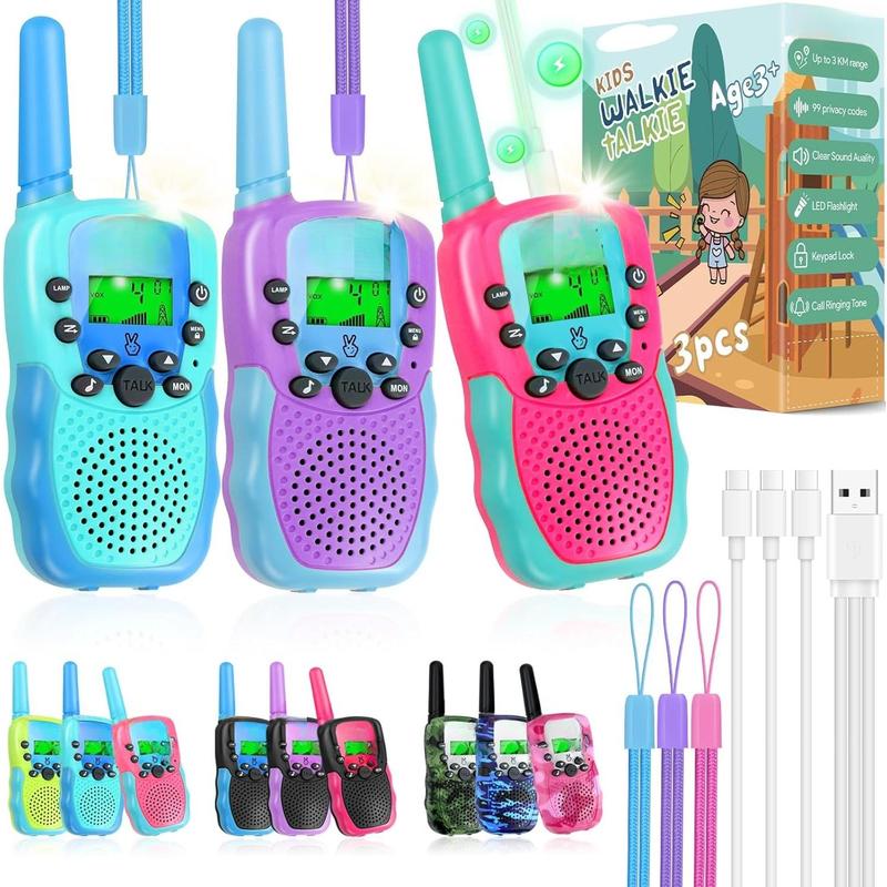 Walkie Talkies for Kids Rechargeable 3 Pack, Toys for Boys Girls Age 3-13 Ourdoor Camping Birthday Gift, 3KM Long Range Walkie-Talkie 2 Way Radios 22 CH VOX with Li-ion Battery Flashlight Audio Christmas Colorful Charging Communication Durable