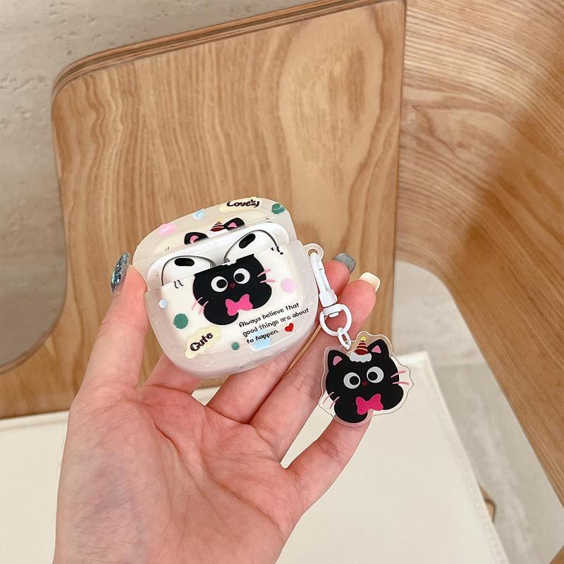 Cute Cartoon Cat Bow Design Earphone Case with Pendant, 1 Count Soft TPU Earphones Protective Cover, Earphone Accessories Compatible with AirPods 1 2 Pro 3