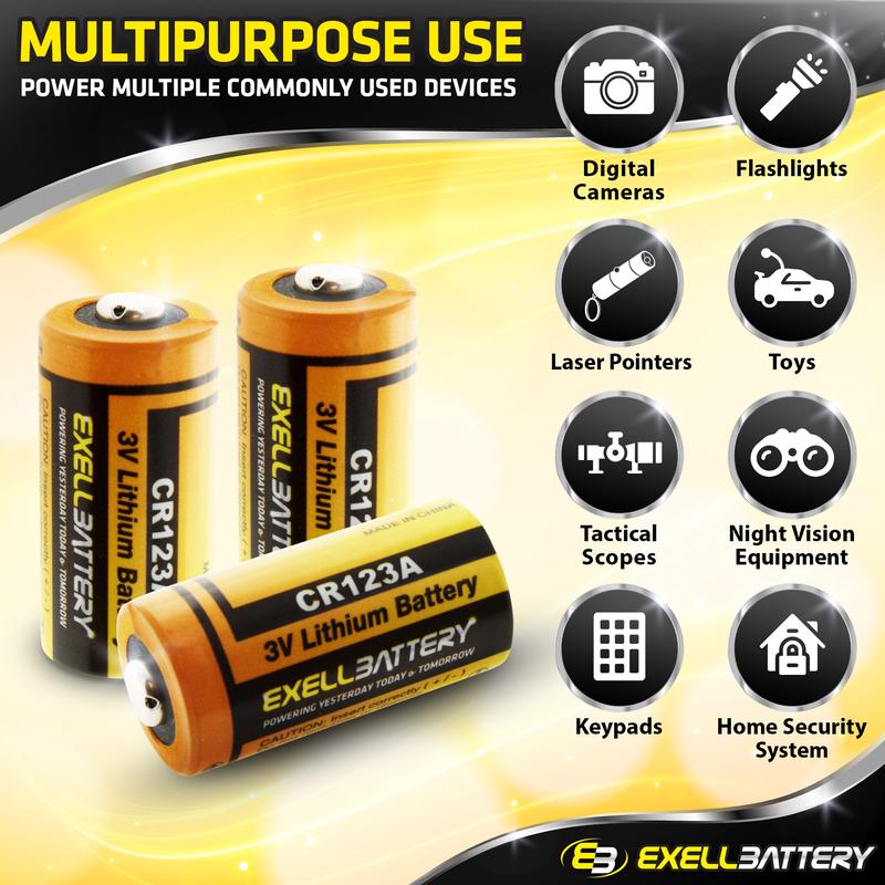 Exell Battery 3V Lithium Battery EB-CR123A Ideal for Flashlights, Cameras, High Drain Devices - Photo Battery Long-lasting Power & Rapid Flash Recovery