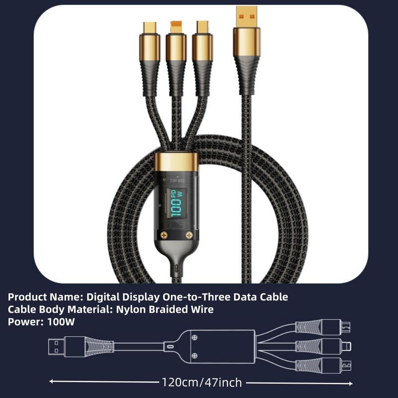 3 in 1 Fast Charging Cable, 100W Multipurpose Phone Charging Data Cable with Digital Display, Braided Design Real Time Fast Charging Cable for iPhone & Android