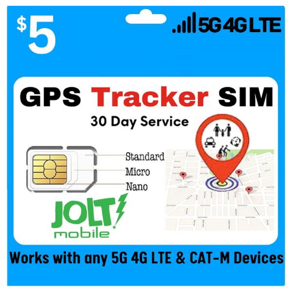 Jolt Mobile $5 Preloaded GSM SIM Card For 5G 4G LTE GPS Trackers | 30 Days Wireless Service in The US with Canada & Mexico Roaming