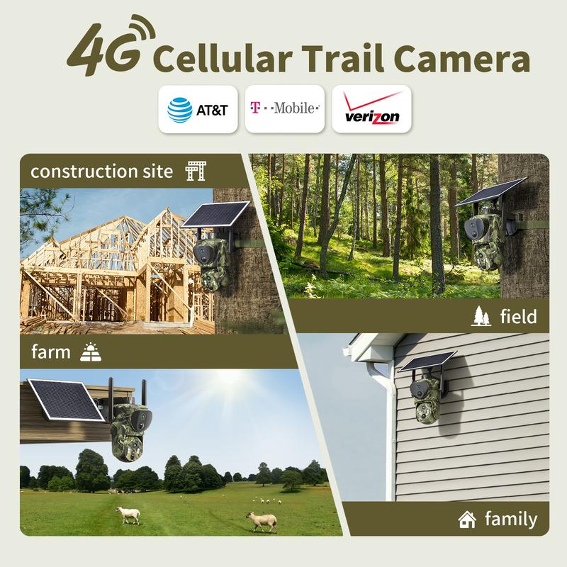 [New] Dual Lens Linkage 4G LTE Solar Powered Cellular Trail Cameras, Security Camera, NOT SUPPORT WIFI, 2K Live View&8MP Photos, with 360° Pan Tilt