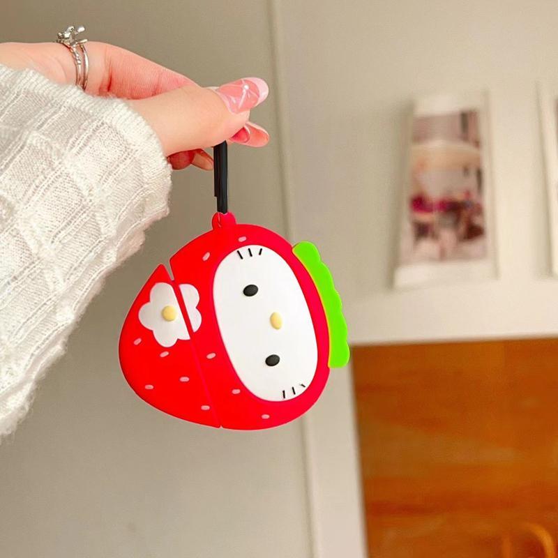 Sanrio Cute Strawberry Design Earphone Case with Keychain, 1 Count Silicone Earphone Protective Cover, Earphone Protector for AirPods 1 2 3 Pro