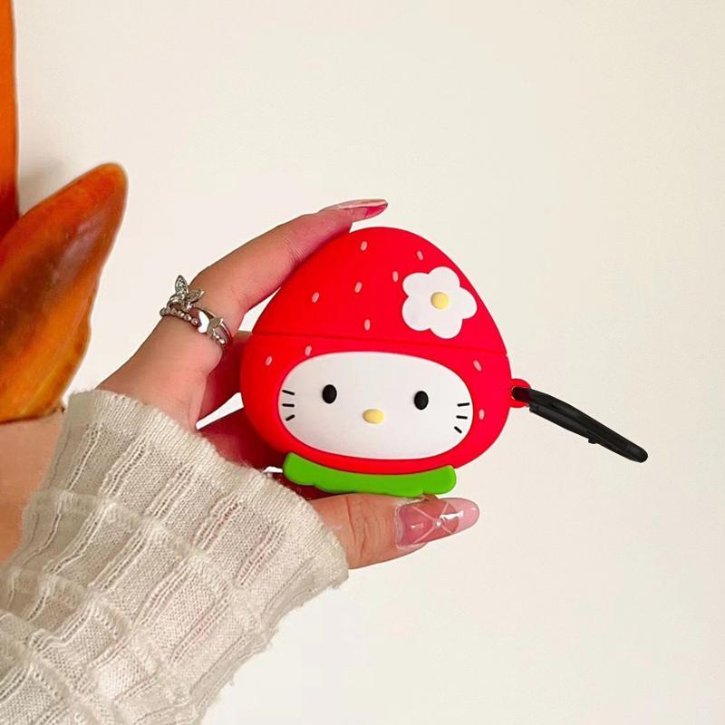 Sanrio Cute Strawberry Design Earphone Case with Keychain, 1 Count Silicone Earphone Protective Cover, Earphone Protector for AirPods 1 2 3 Pro