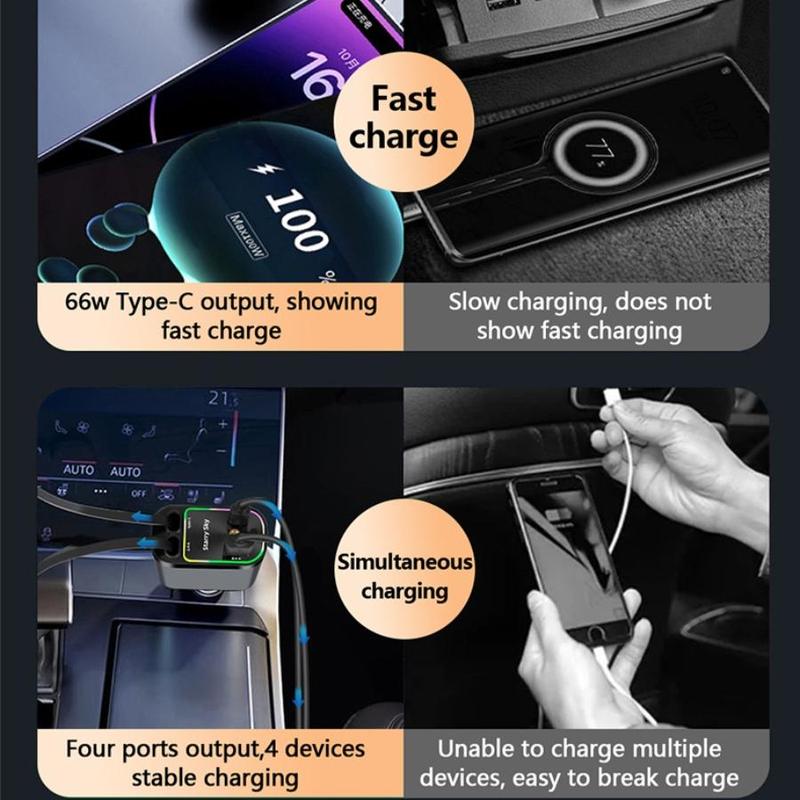 66W 4 in 1 Charger for Phone, Retractable Charging Cable, Multifunctional Car Charger with LED Light, Charger Compatible with USB PD QC