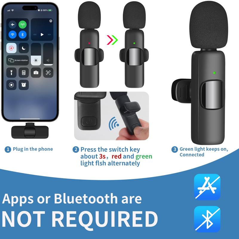 2 pieces Wireless Lavalier Microphones for iPhone, Android, iPad - Mini Wireless Clip-on Microphones Crystal Clear Sound Quality for Recording, Live Streaming,Vlog,christmas gift ideas Black Friday Deals tiktok shop store