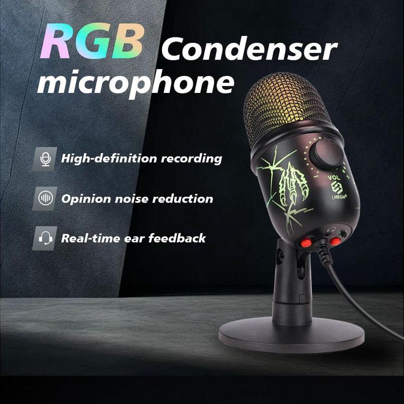 USB Powered Microphone, RGB Condenser Gaming Competition Microphone, Environment Light Microphone for Computer & Mobile Phone Live K Song