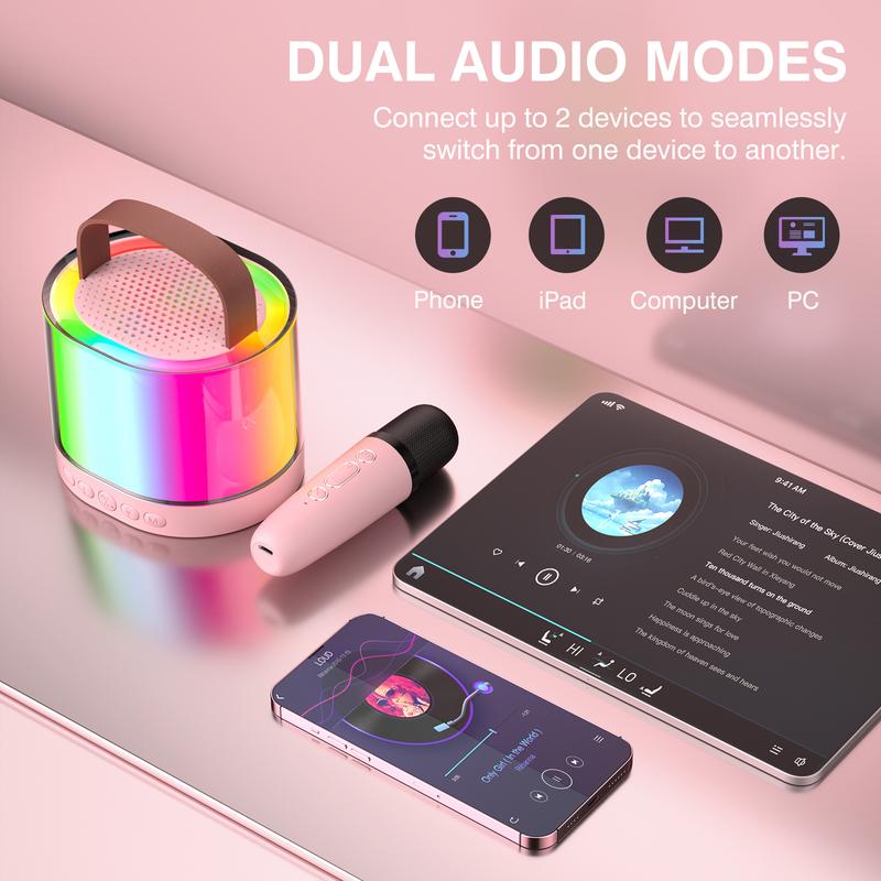 Mini Bluetooth portable karaoke machine. Wireless dual microphone. A nice little gift for your friend or friends. Connecting your smartphone is easy Audio